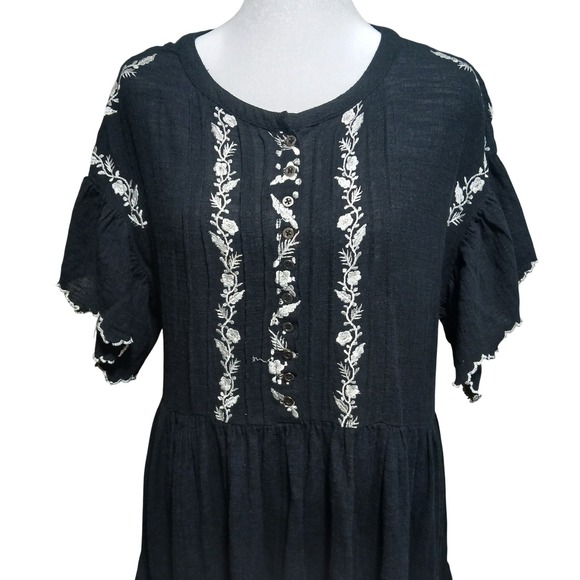 Free People Black Embroidered Gauze Tiered Babydoll Mini Dress Short Sleeve - Picture 5 of 12